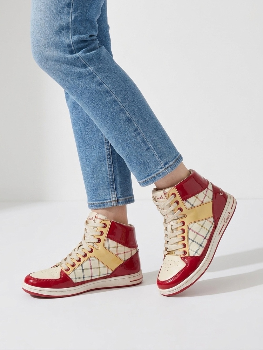 Coach Nora Tattersall 7.5 Pink Raspberry and Yellow Plaid Vegan Leather High Top